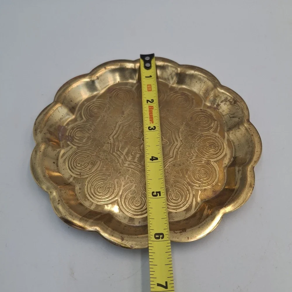 Brass Scalloped Dish Tray Etched Floral Swirl Valet Trinket Catchall Vtg 6.5